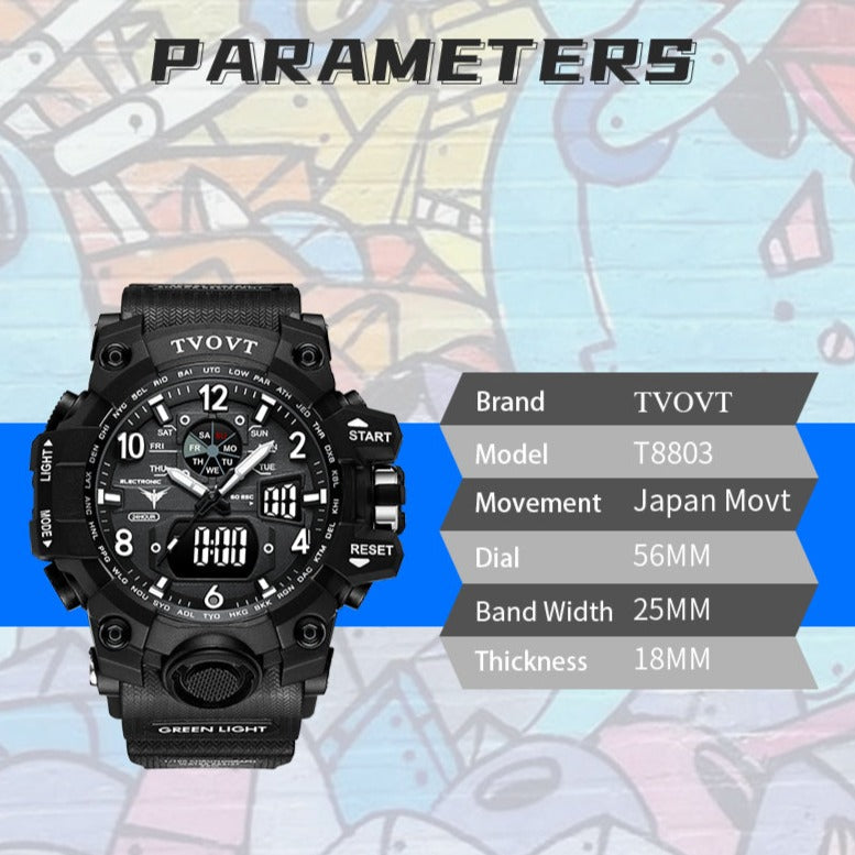 Men's TVOVT Waterproof Double Dial Led Sport Watch