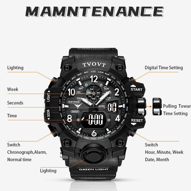 Men's TVOVT Waterproof Double Dial Led Sport Watch