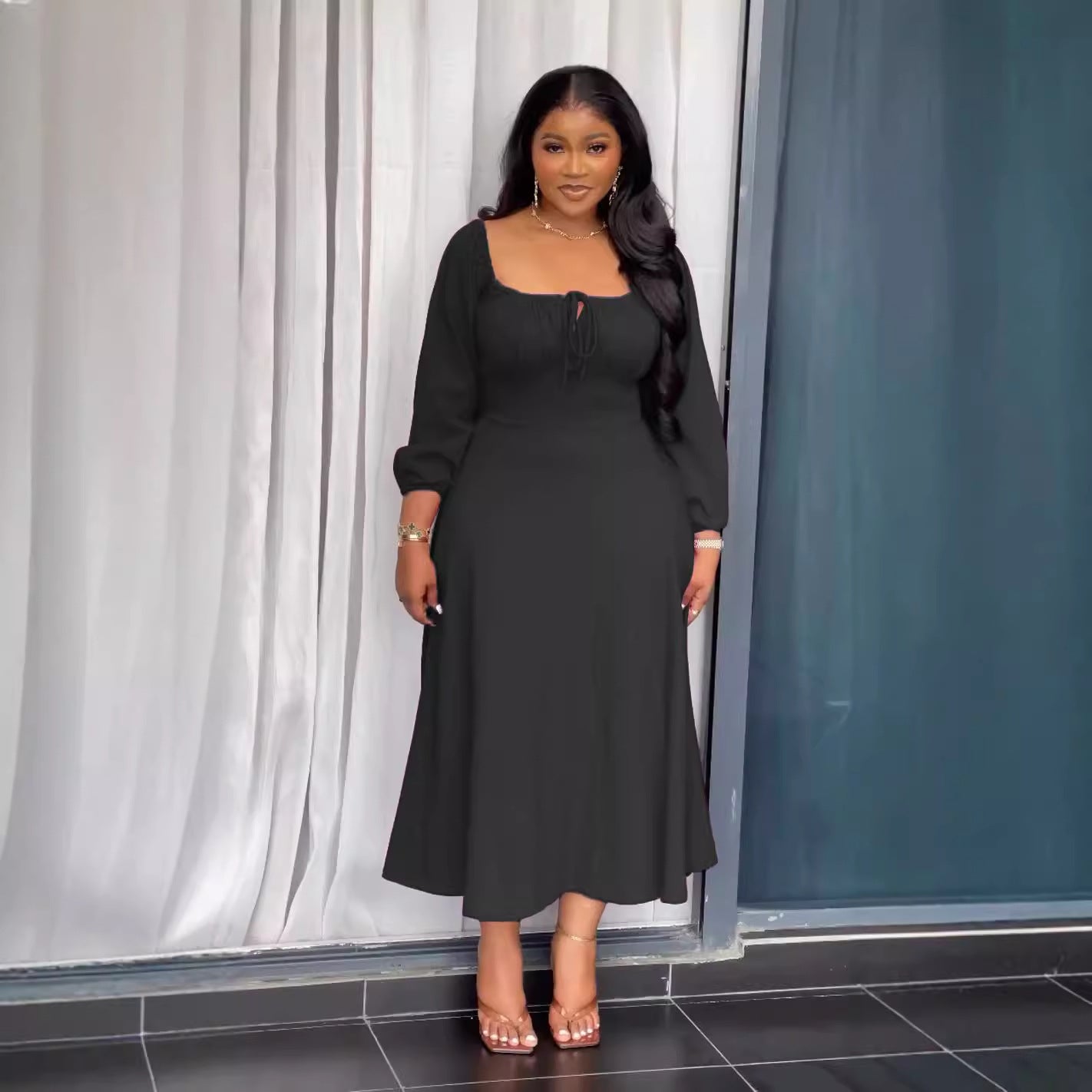 Sexy Off-the-shoulder Drawstring Square Neck Hem Dress