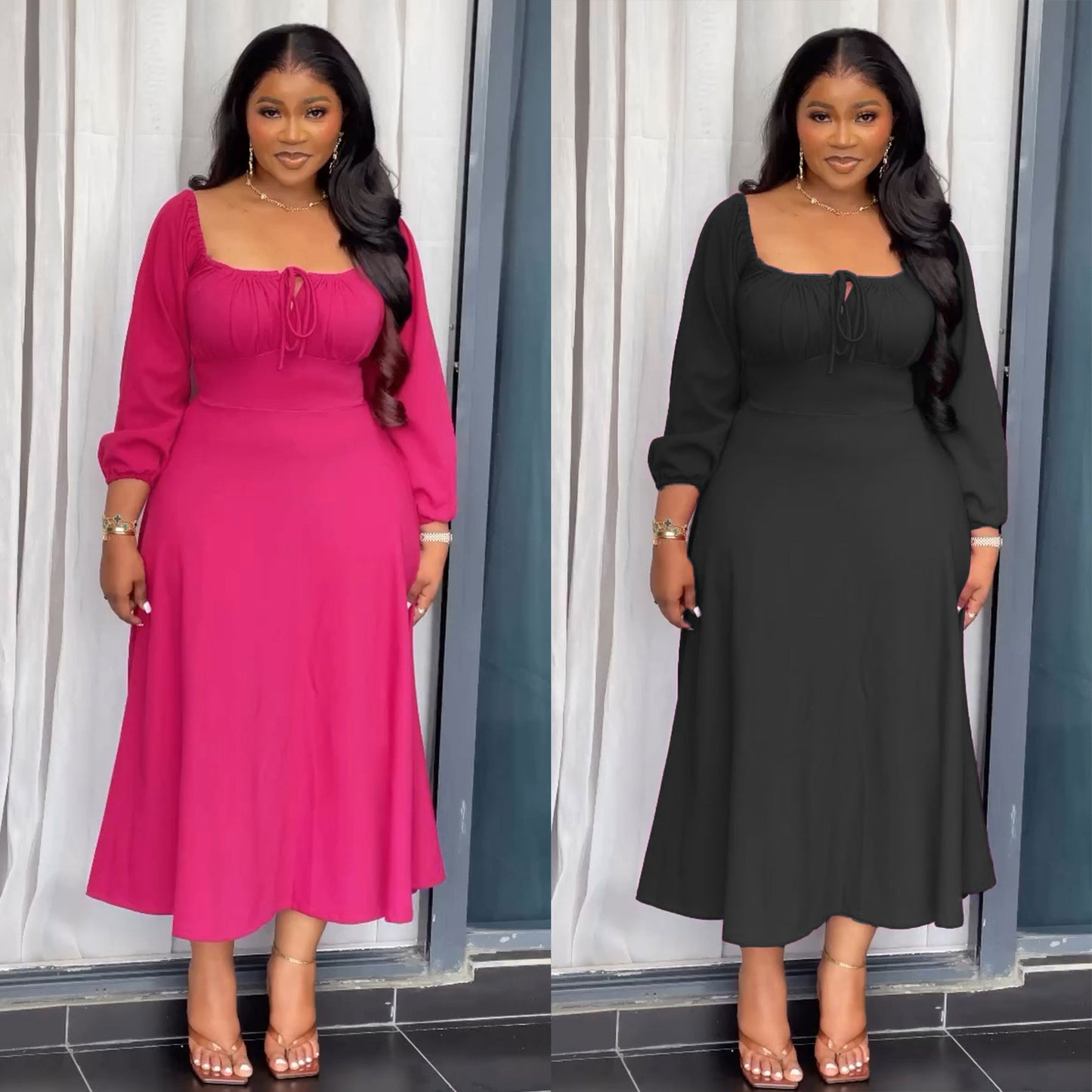 Sexy Off-the-shoulder Drawstring Square Neck Hem Dress