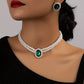 Vintage Emerald Earrings Imitation Pearl Necklace Set