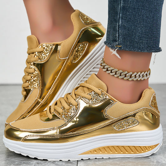 Shiny Casual Sports Shoes-Gold
